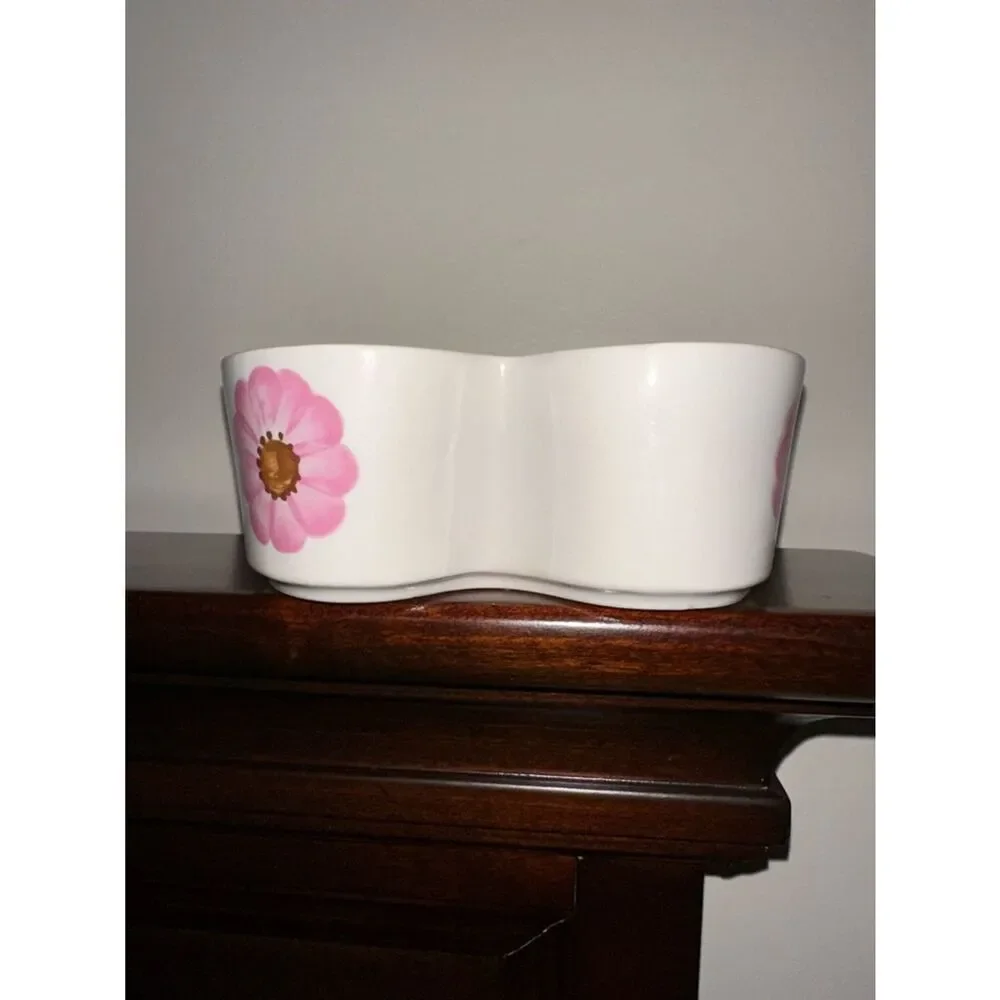 FTD White Pink Floral Heart Shaped Baking Dish Pottery Decor